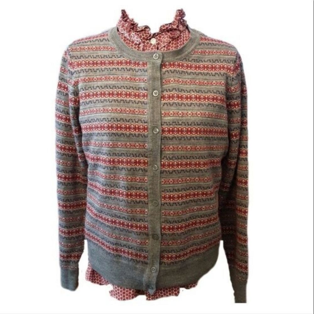 G.H Bass Cardigan And Blouse Two Piece Set Nordic Knit Gray Red Sz L